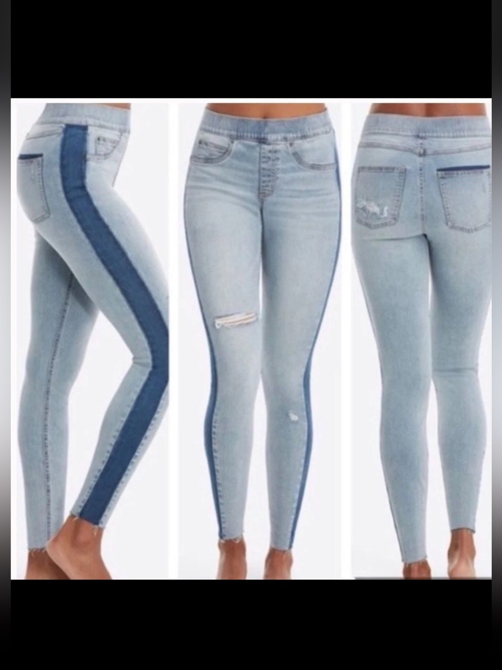 SPANX distressed Light Blue Skinny Jeans Dark Blue Side Stripe raw hem